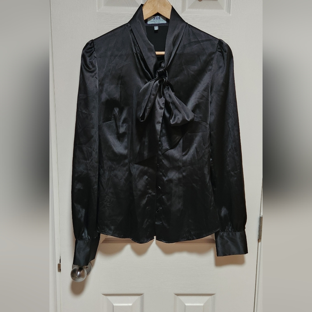 Hawes And Curtis Black Satin Blouse with Bow US Size 6